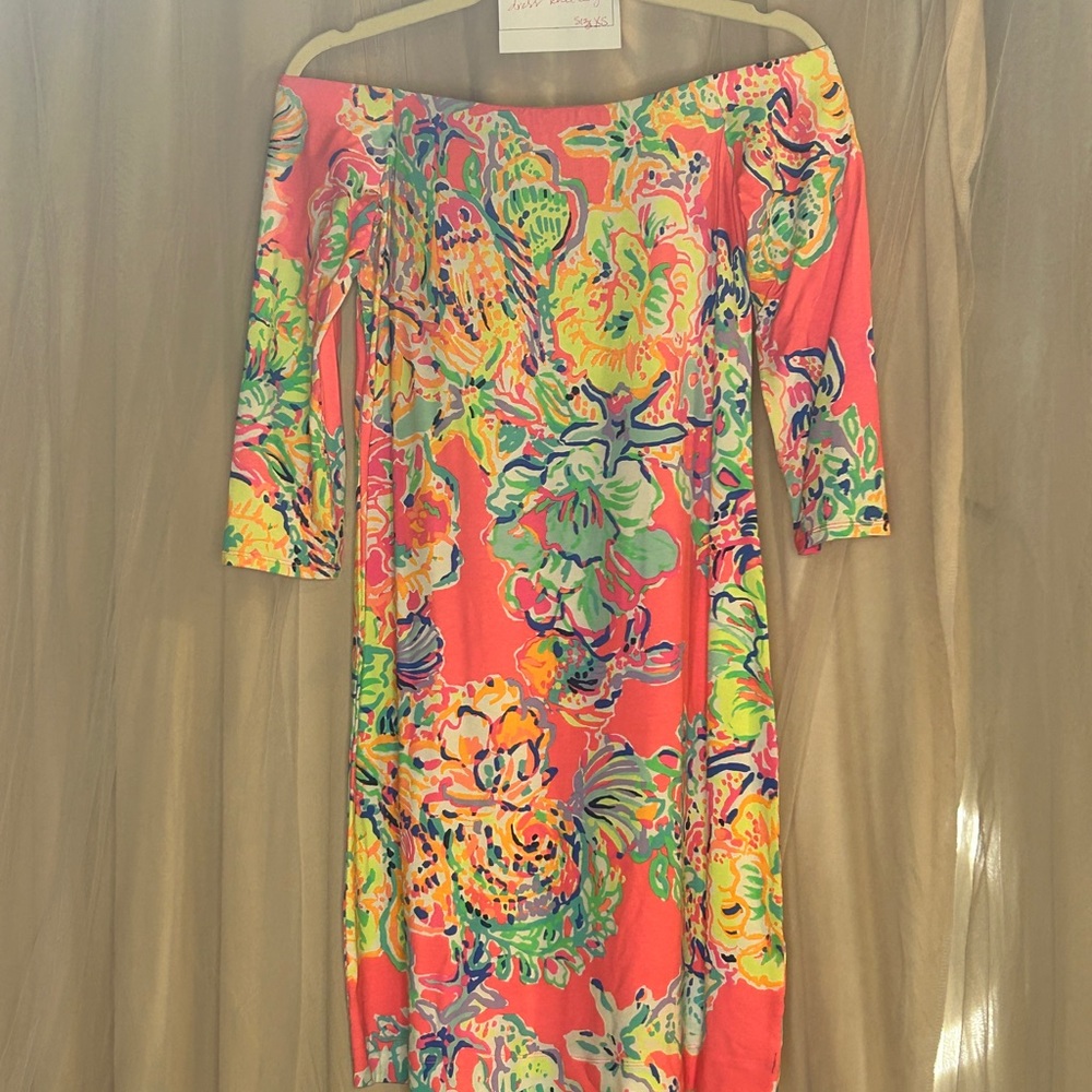 Lilly Pulitzer Pink Yellow Sheath Dress Off-Shoulder 3/4 Sleeve